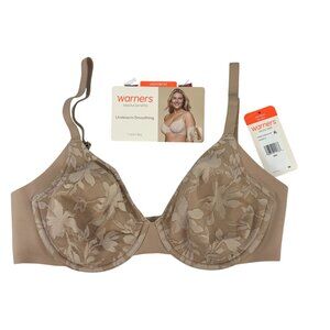 Warners Blissful Benefits Underwire Unlined Smoothing T-Shirt Bra 34C Beige Lace